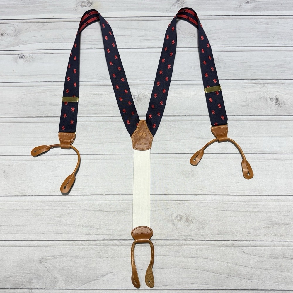 Brooks Brothers Suspenders Blue Red Dollar Signs Money Wall Street Braces Preppy - Picture 2 of 4